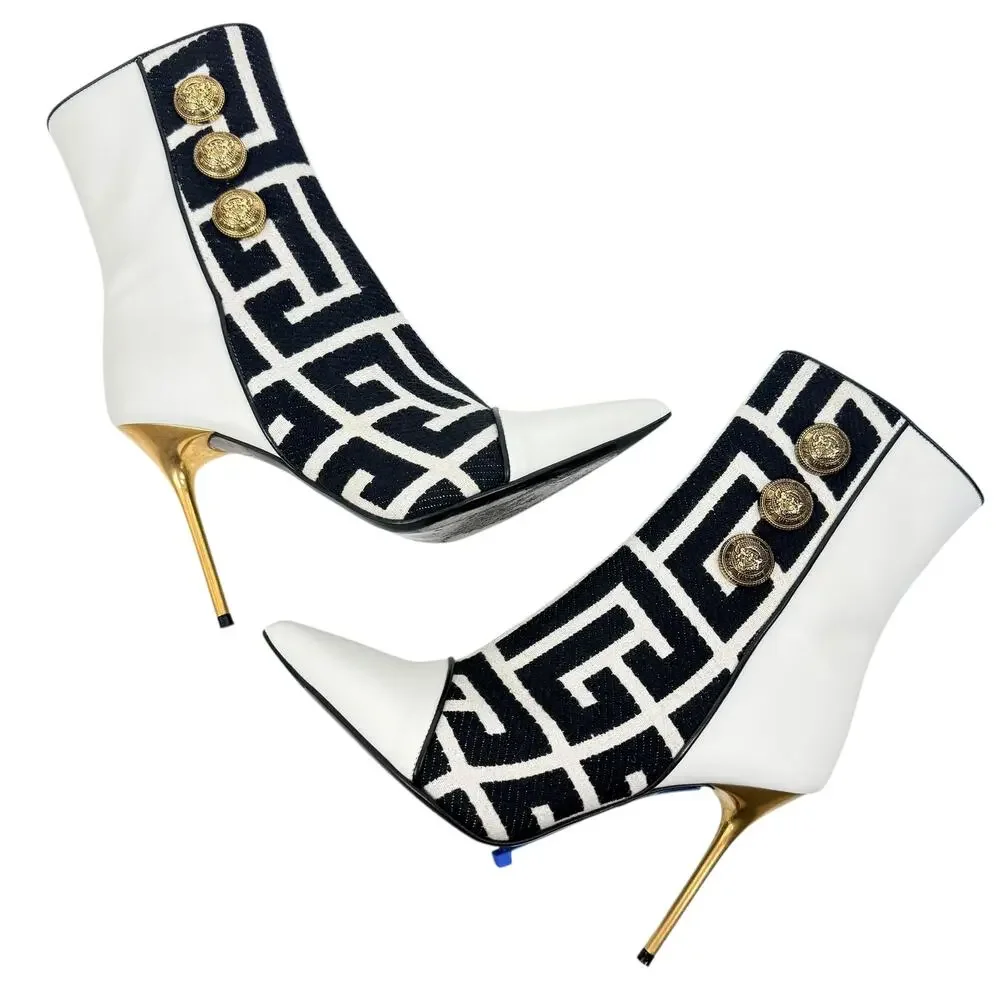 Balmain Roni Monogram Jacquard Leather Ankle Booties White Size 37.5